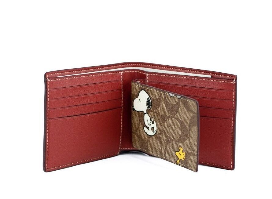 Peanuts 3n1 Signature Leather Snoopy Woodstock Bifold Wallet Khaki Multi