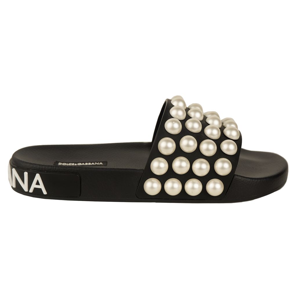 Chic Black Leather Slippers with Pearl Detail