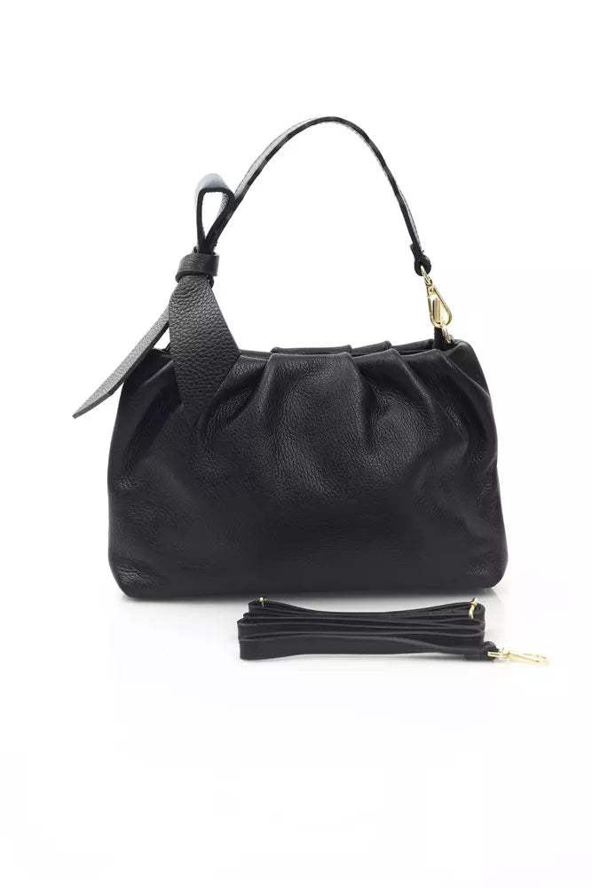 Elegant Black Leather Handbag with Golden Accents