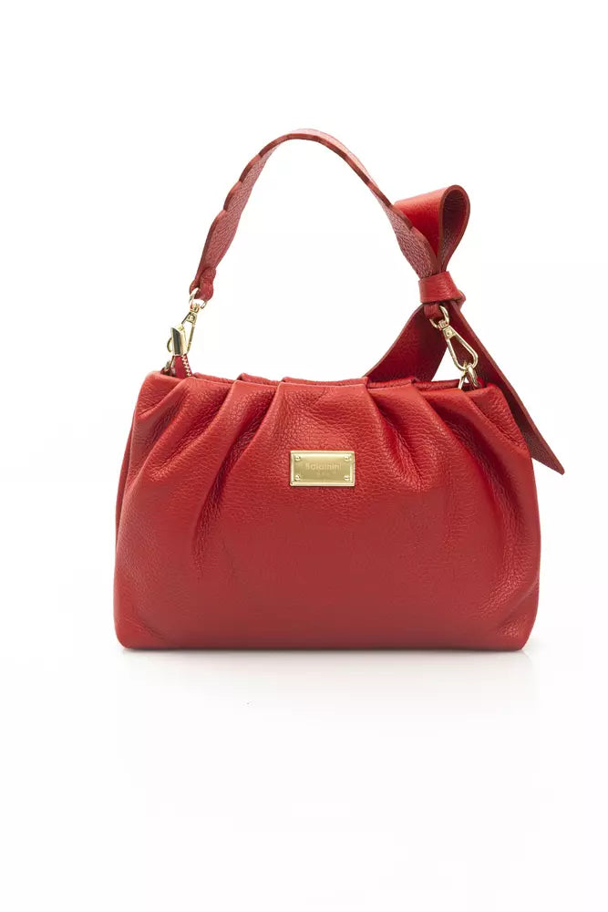 Elegant Red Leather Handbag with Golden Accents