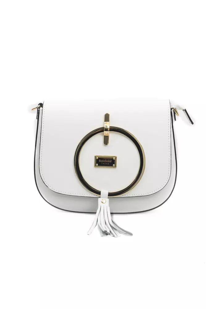 Elegant White Leather Shoulder Bag with Golden Accents