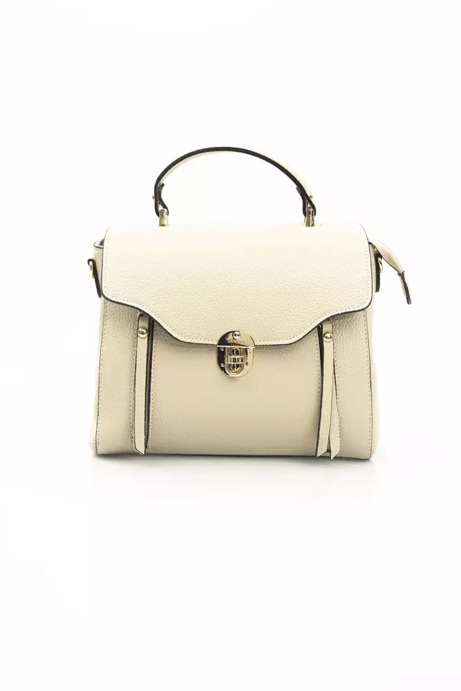 Elegant Beige Leather Shoulder Bag with Golden Accents