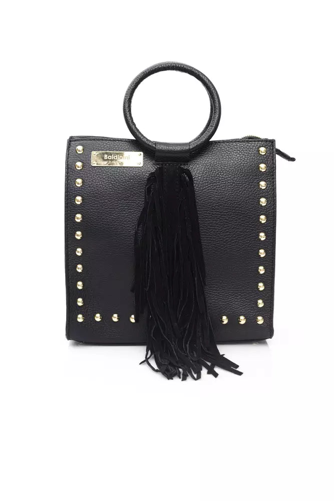 Elegant Black Leather Shoulder Bag with Golden Accents