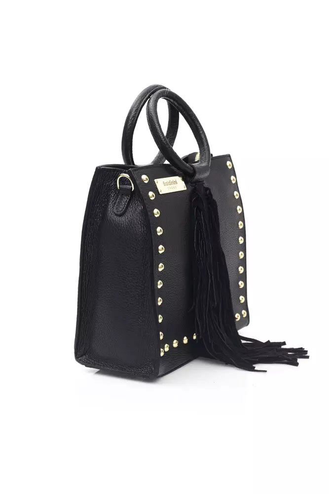 Elegant Black Leather Shoulder Bag with Golden Accents