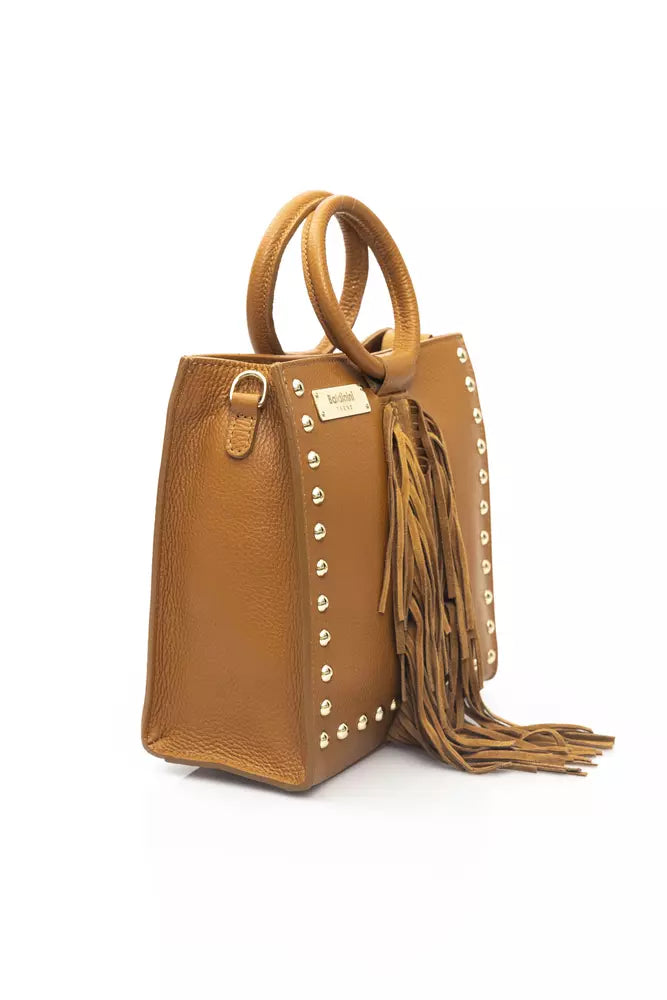 Beige Leather Tassel Shoulder Bag - Golden Accents