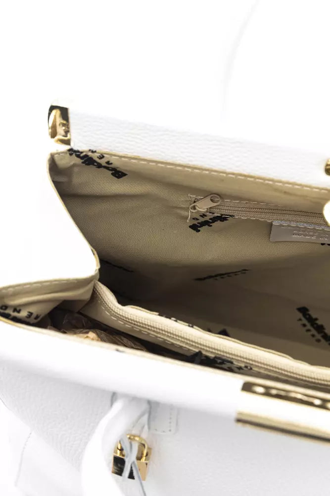 White Leather Shoulder Bag with Golden Accents