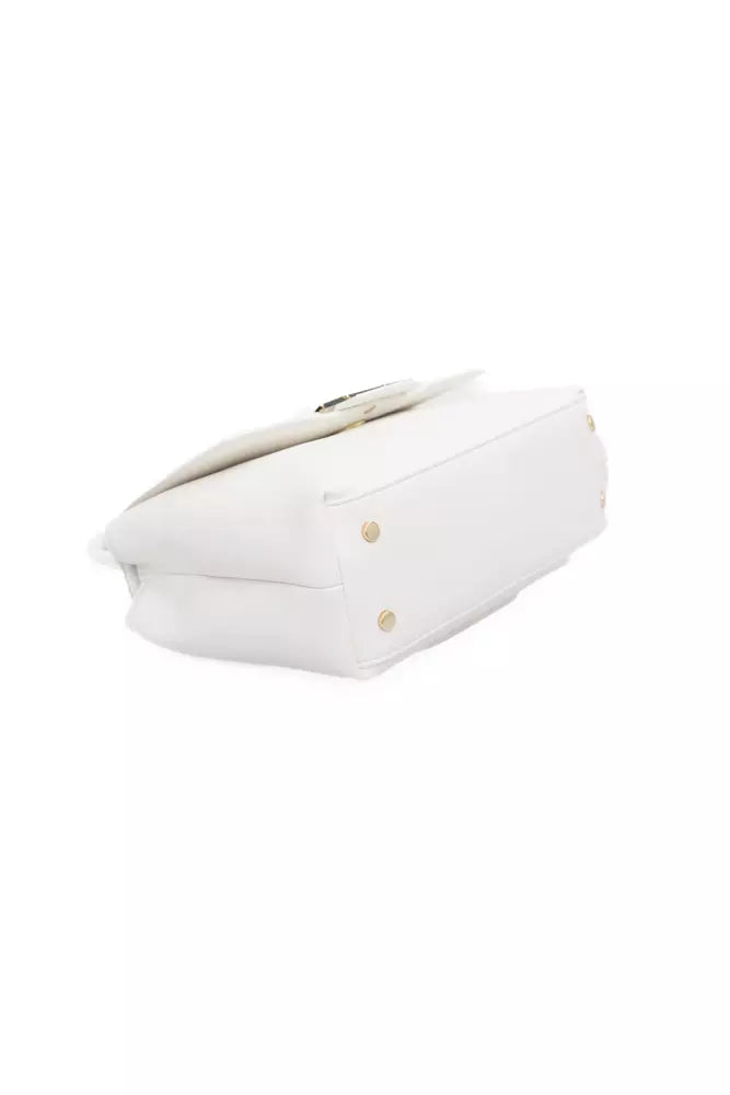 Elegant White Shoulder Flap Bag with Golden Accents