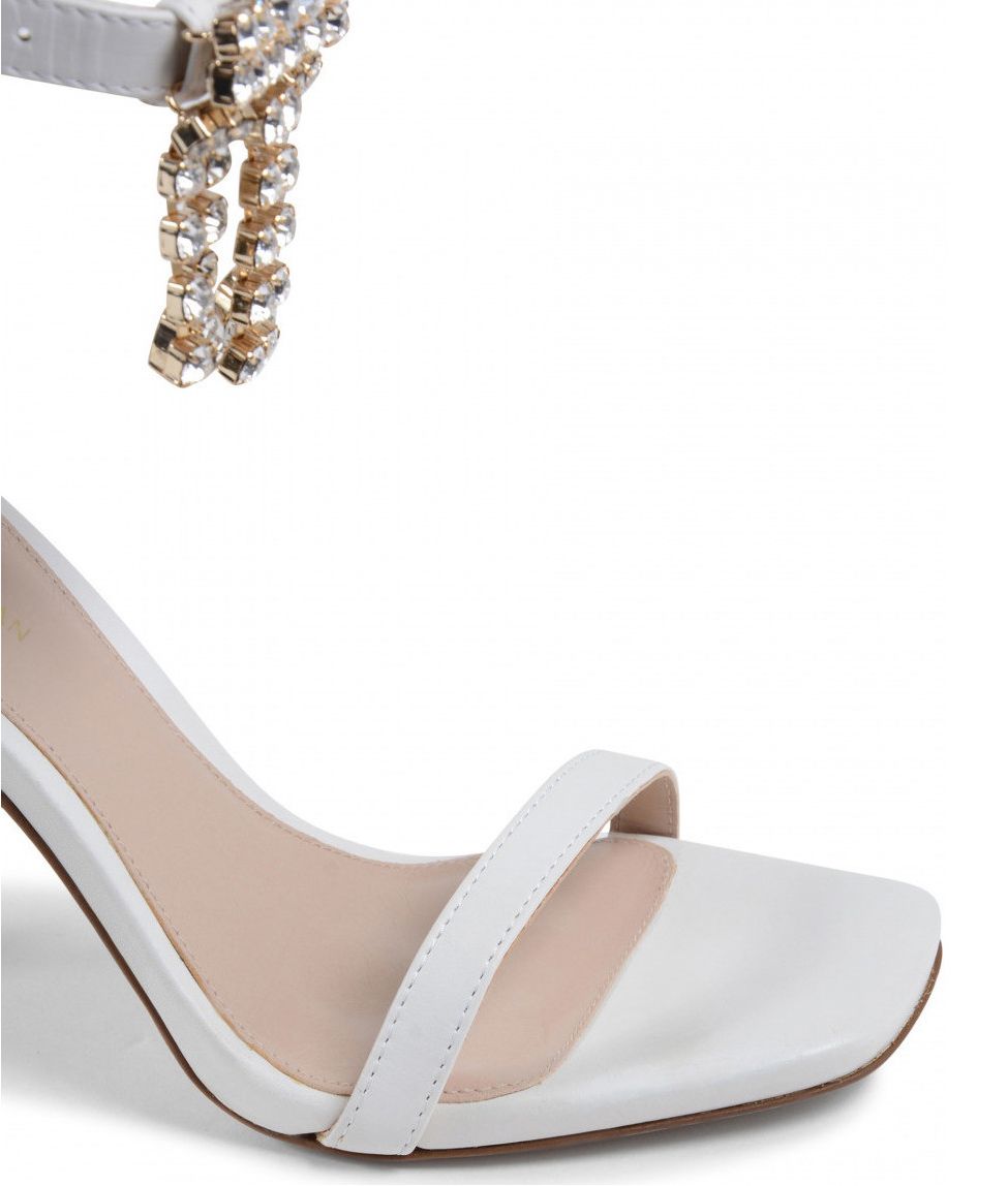 Crystal Buckle Fringe Nudist Sandals in White