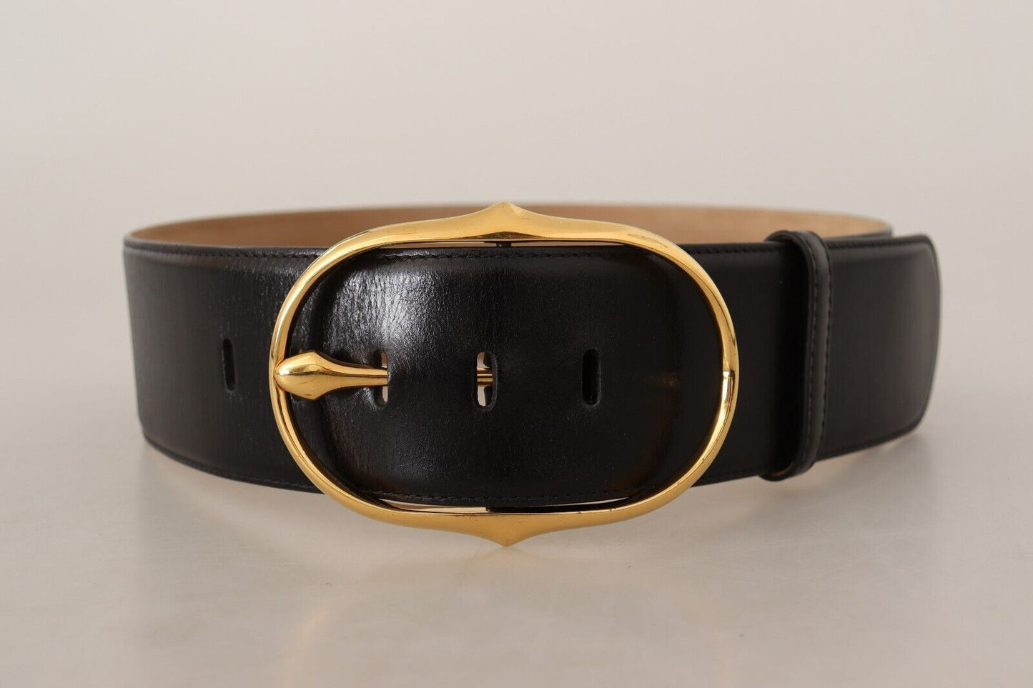 Elegant Black Leather Belt with Gold Oval Buckle