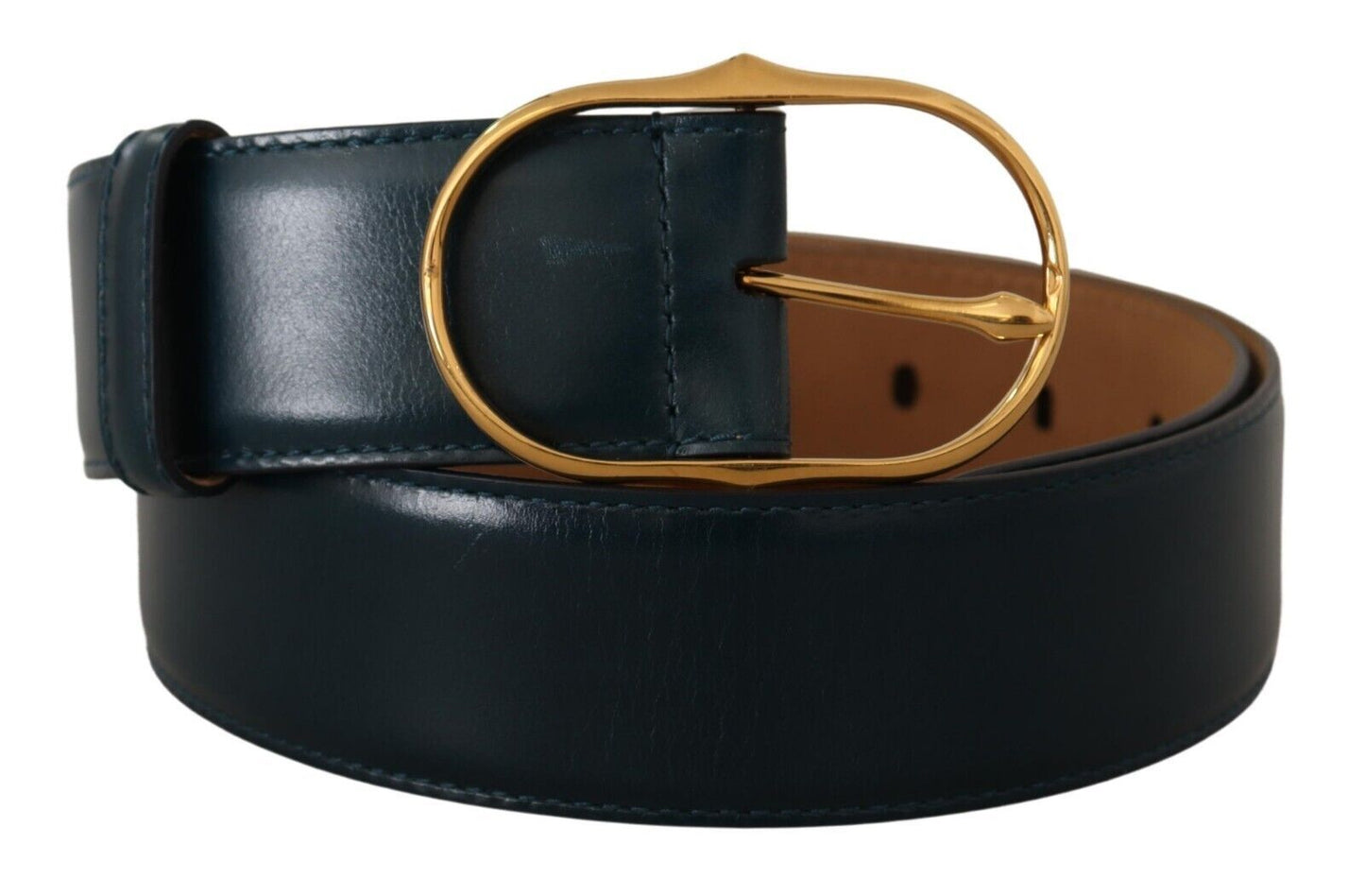 Elegant Blue Leather Belt with Gold Buckle