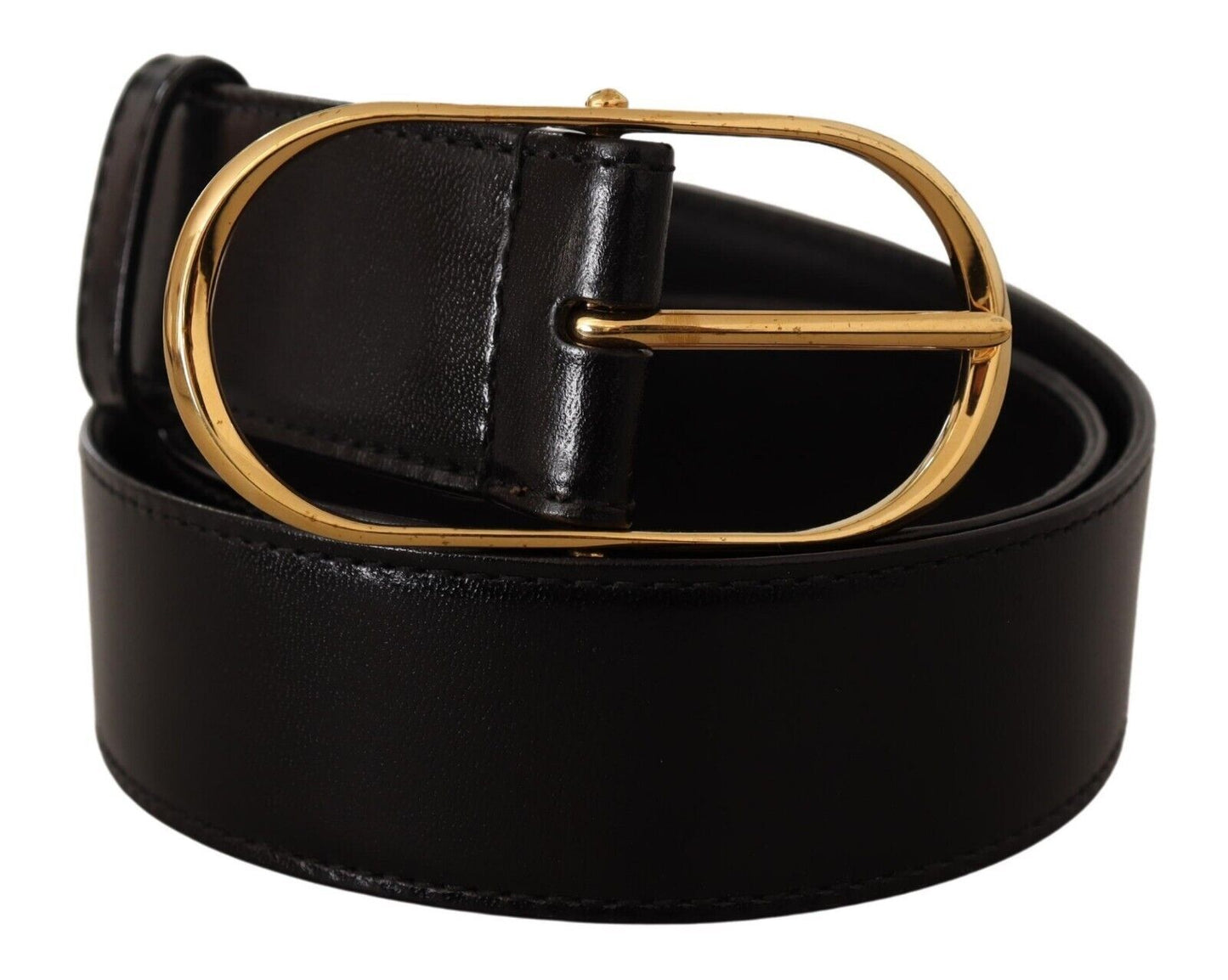 Elegant Black Leather Belt with Gold Oval Buckle