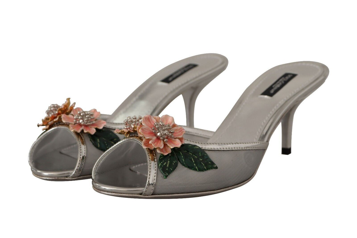 Elegant Silver Floral Kitten Heel Sandals