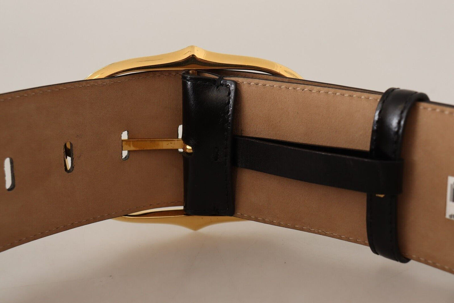 Elegant Black Leather Belt with Gold Oval Buckle