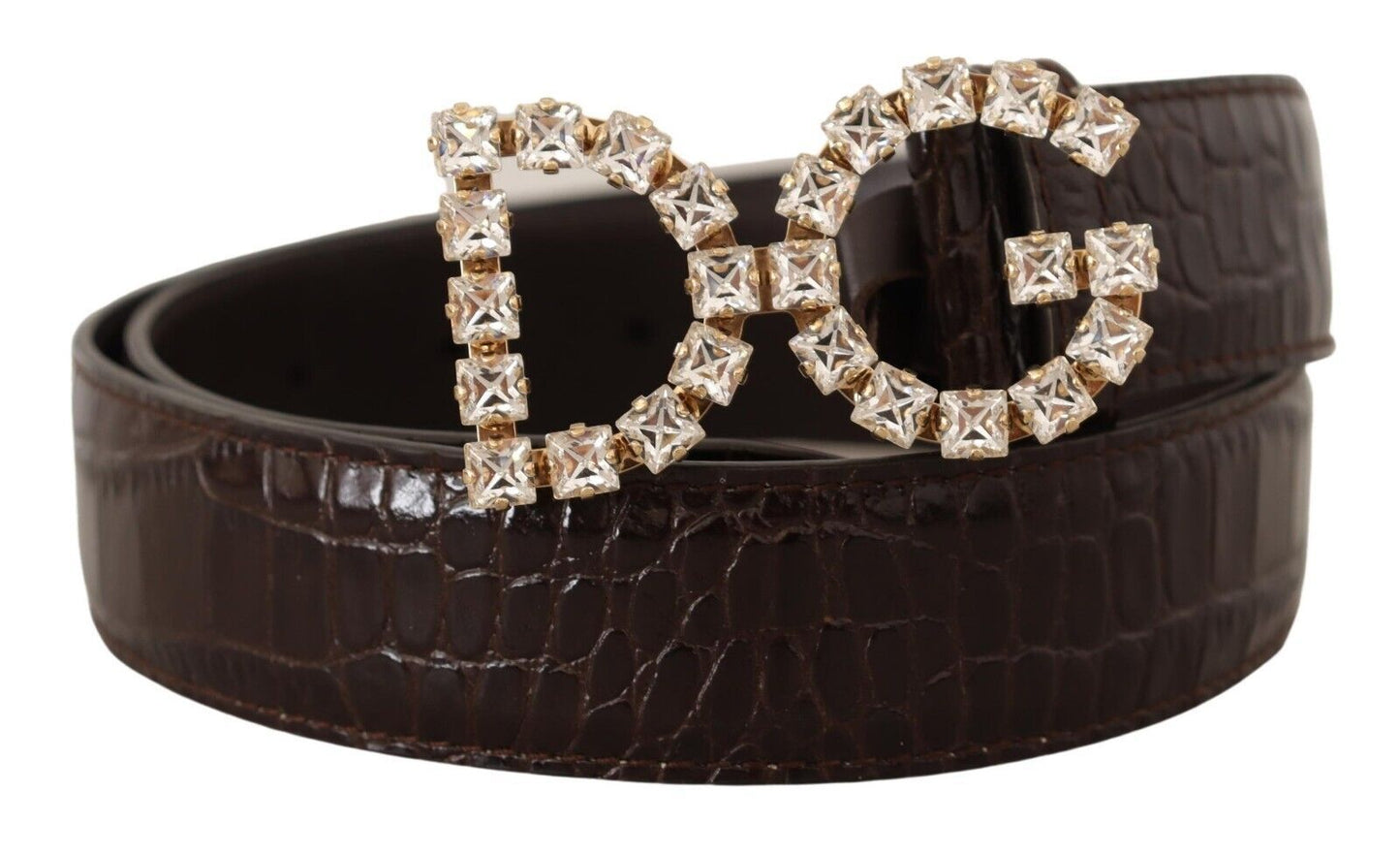 Crystal Buckle Crocodile Print Leather Belt