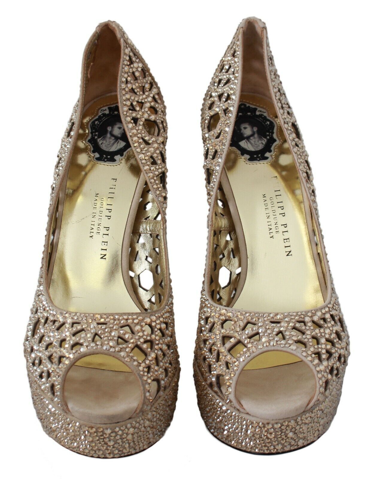 Elegant Beige Leather Heeled Pumps with Rhinestones