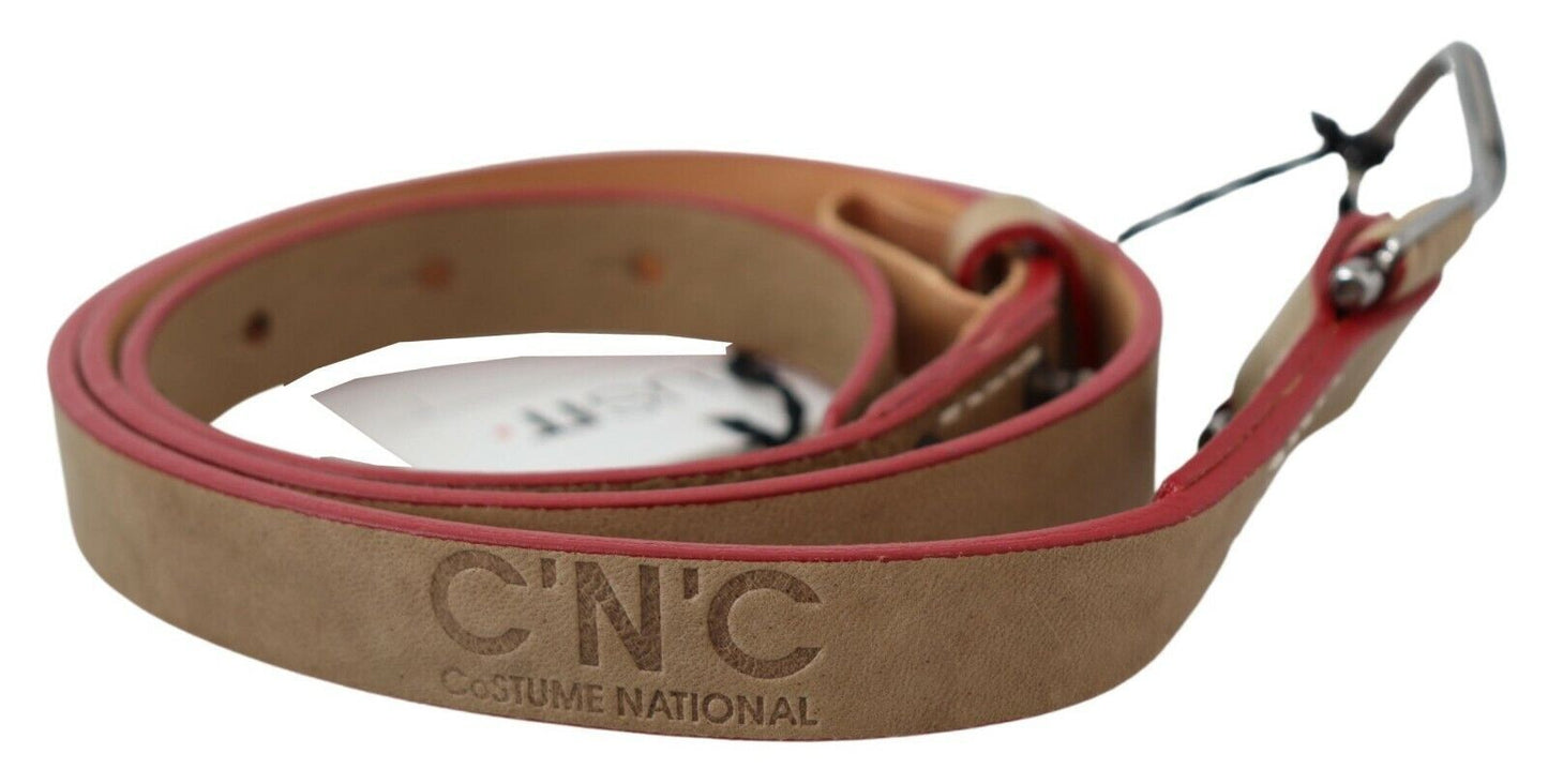 Beige Leather Silver Logo Buckle Waist Belt