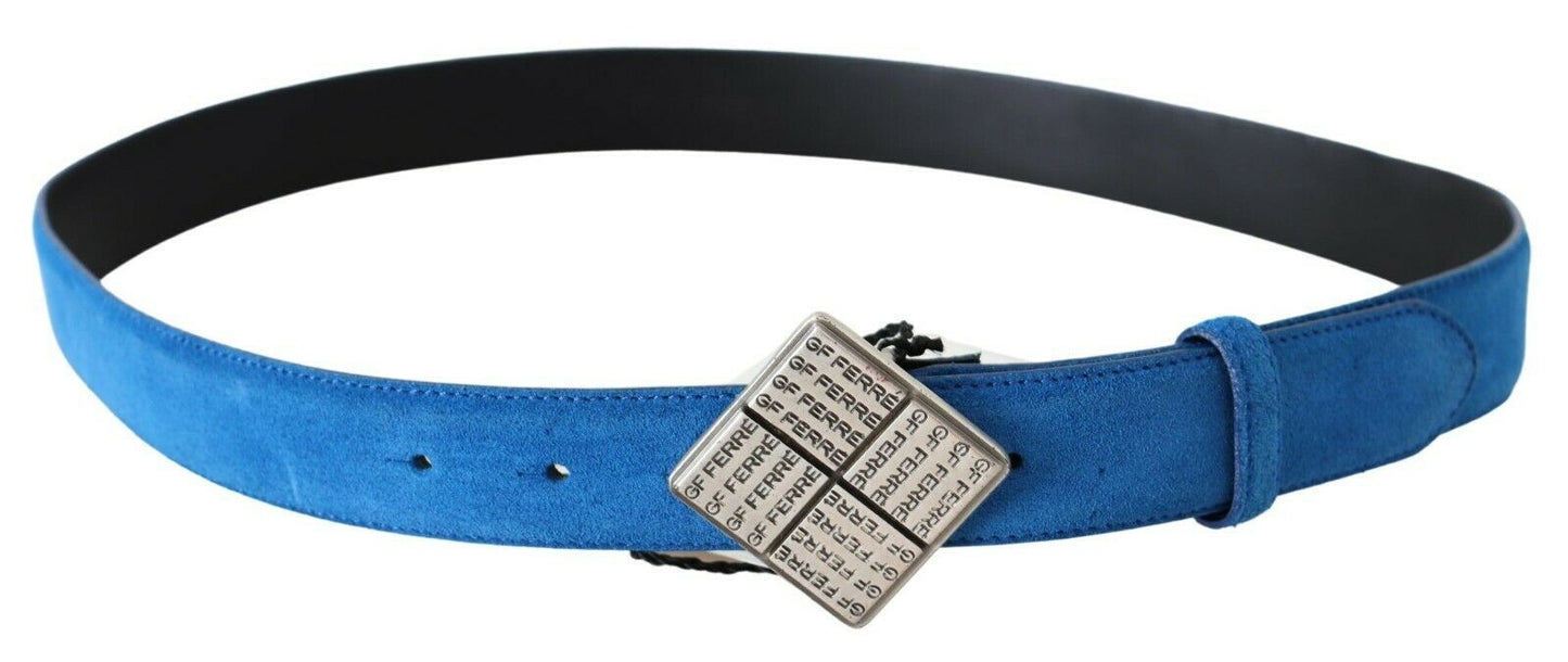 Blue Leather Silver Square Logo Buckle Waist Belt