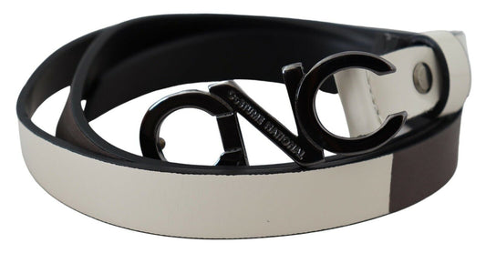 White Black Leather Letter Logo Buckle Belt