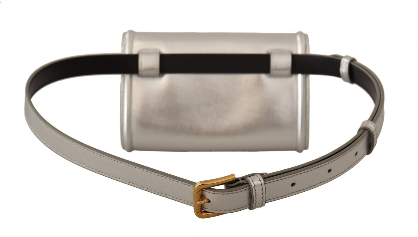 Glamorous Silver Leather Belt Bag with Jeweled Plaque