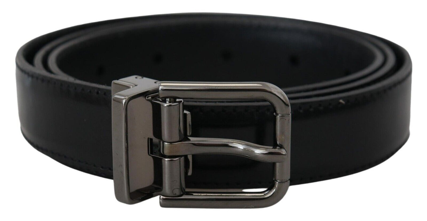 Black Leather Silver Tone Metal Buckle Men Belt