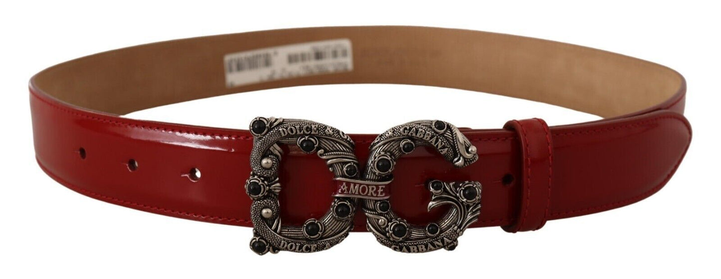 Elegant Red Leather Pearl Buckle Belt