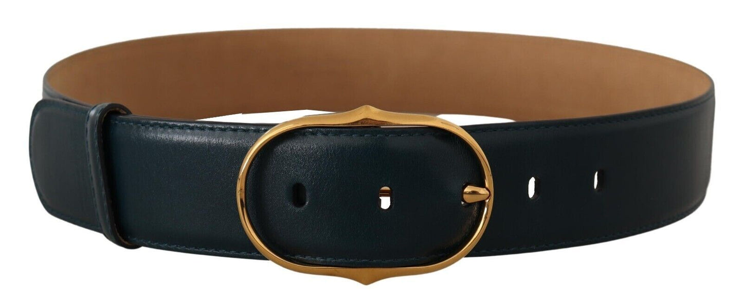 Elegant Blue Leather Belt with Gold Buckle