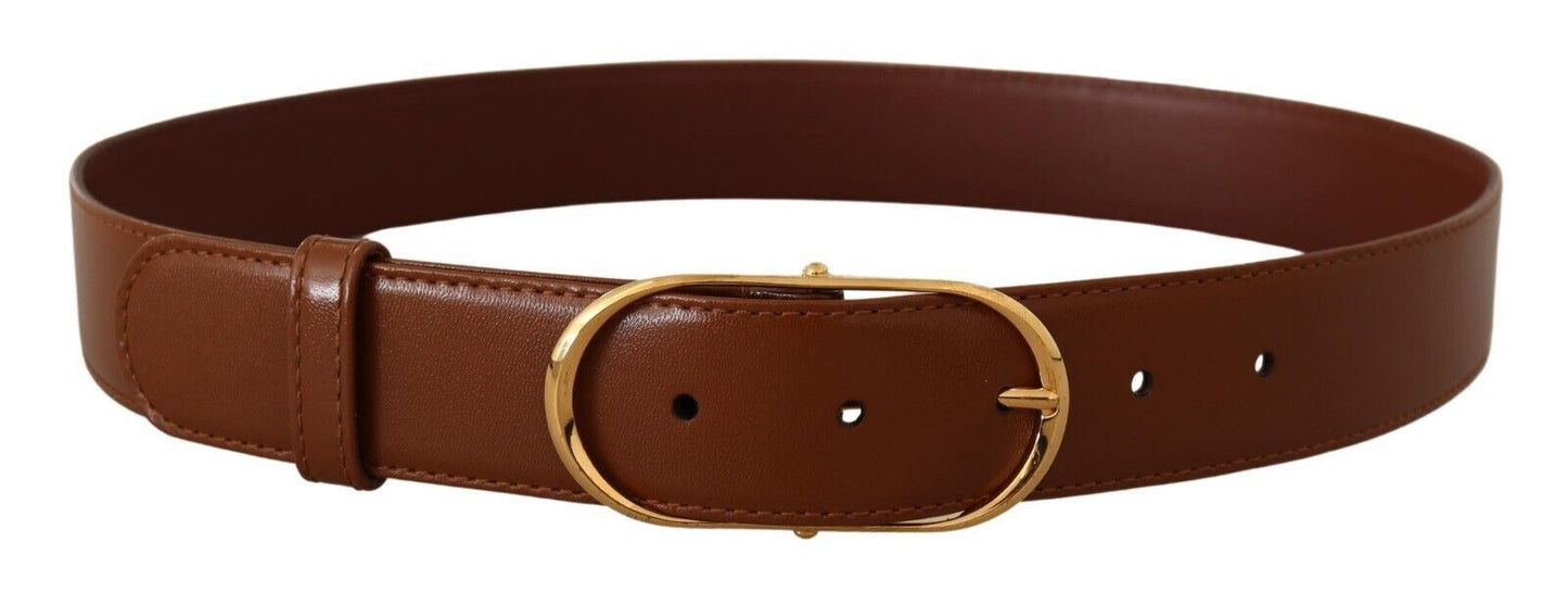 Brown Leather Gold Metal Oval Buckle Belt