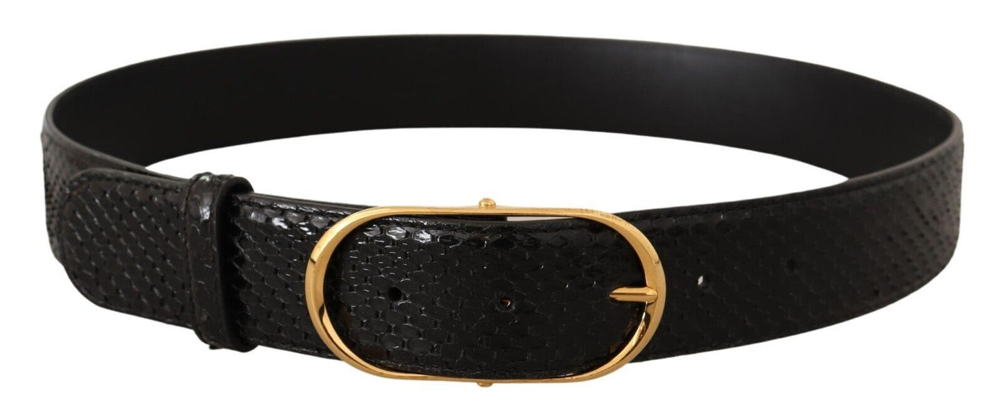 Chic Black Python Leather Belt with Gold Buckle