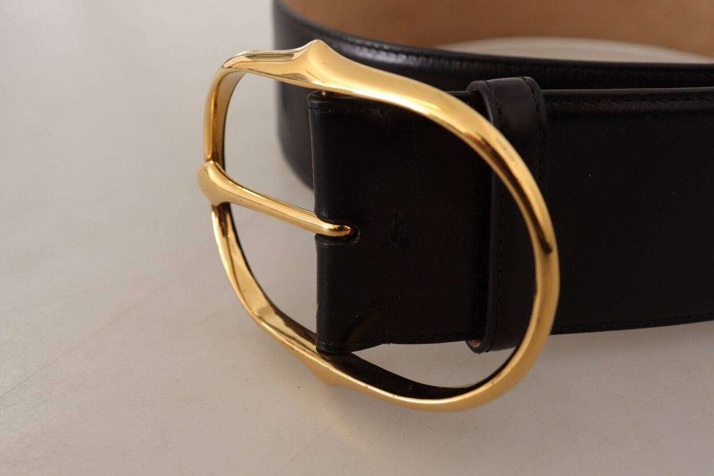 Elegant Black Leather Belt with Gold Oval Buckle