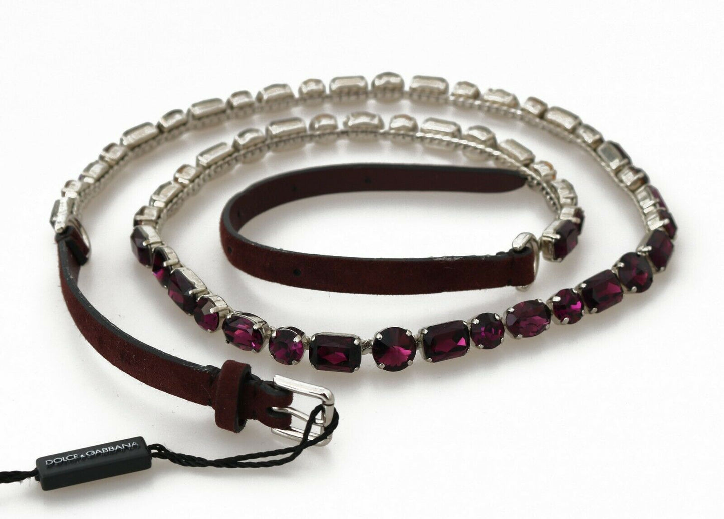 Brown Leather Purple Crystal Chain Belt