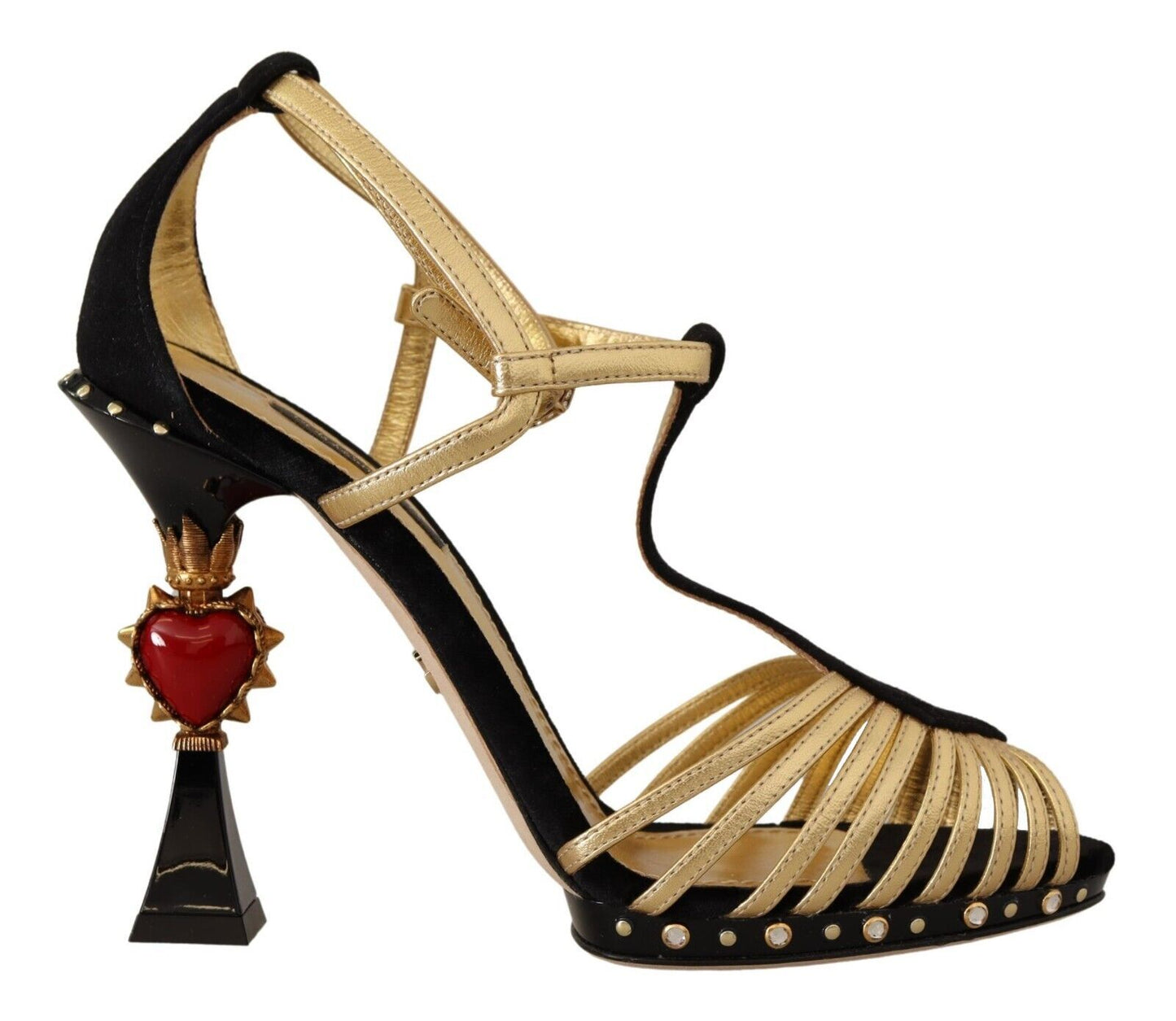 Elegant T-Strap Heels Sandals in Gold and Black