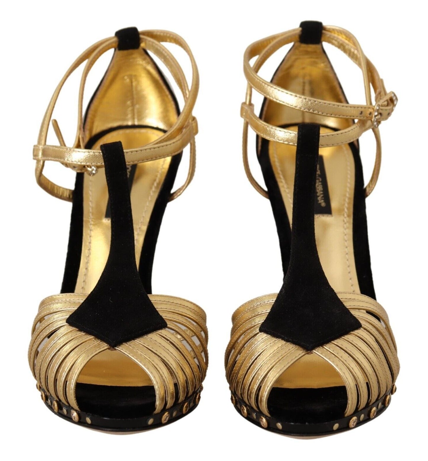 Elegant T-Strap Heels Sandals in Gold and Black