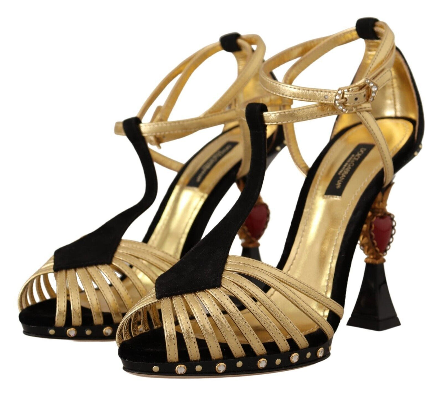 Elegant T-Strap Heels Sandals in Gold and Black