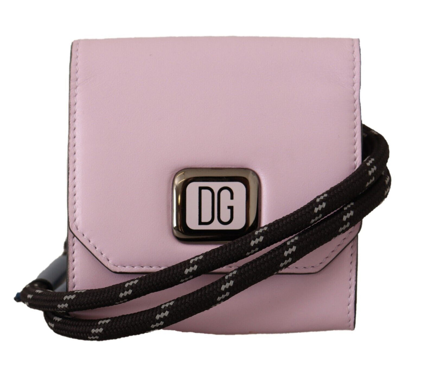 Chic Pink Leather Bifold Wallet with Neck Strap