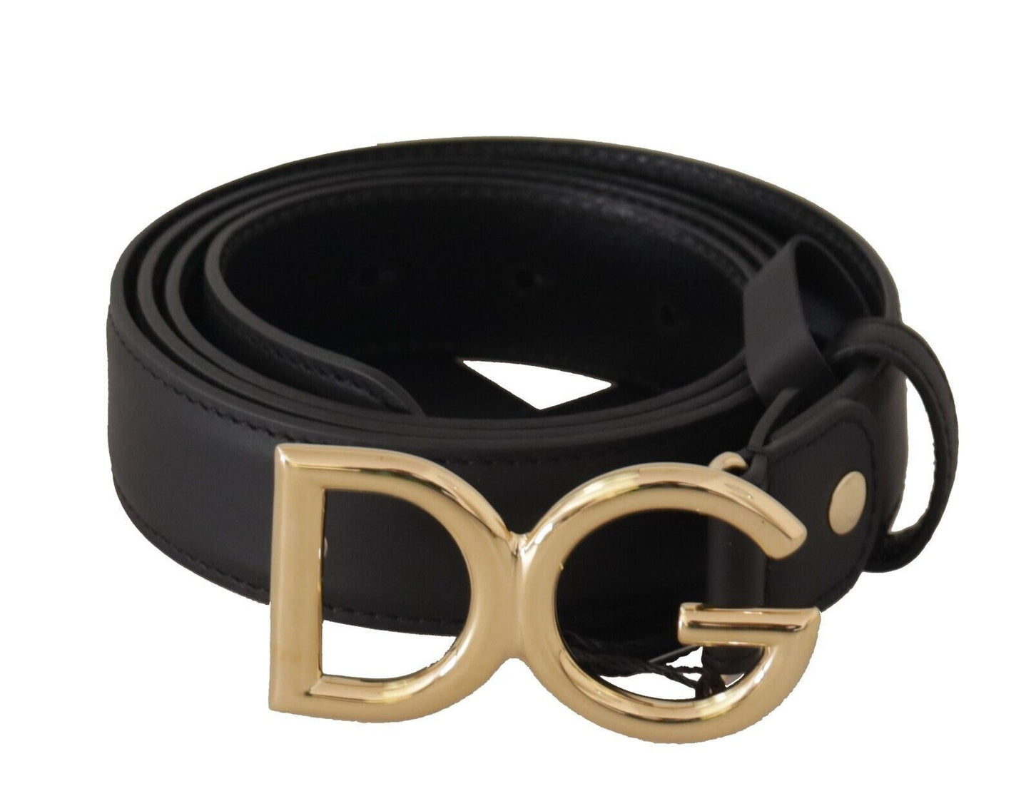 Black Leather Gold Metal DG Logo Waist Buckle Belt