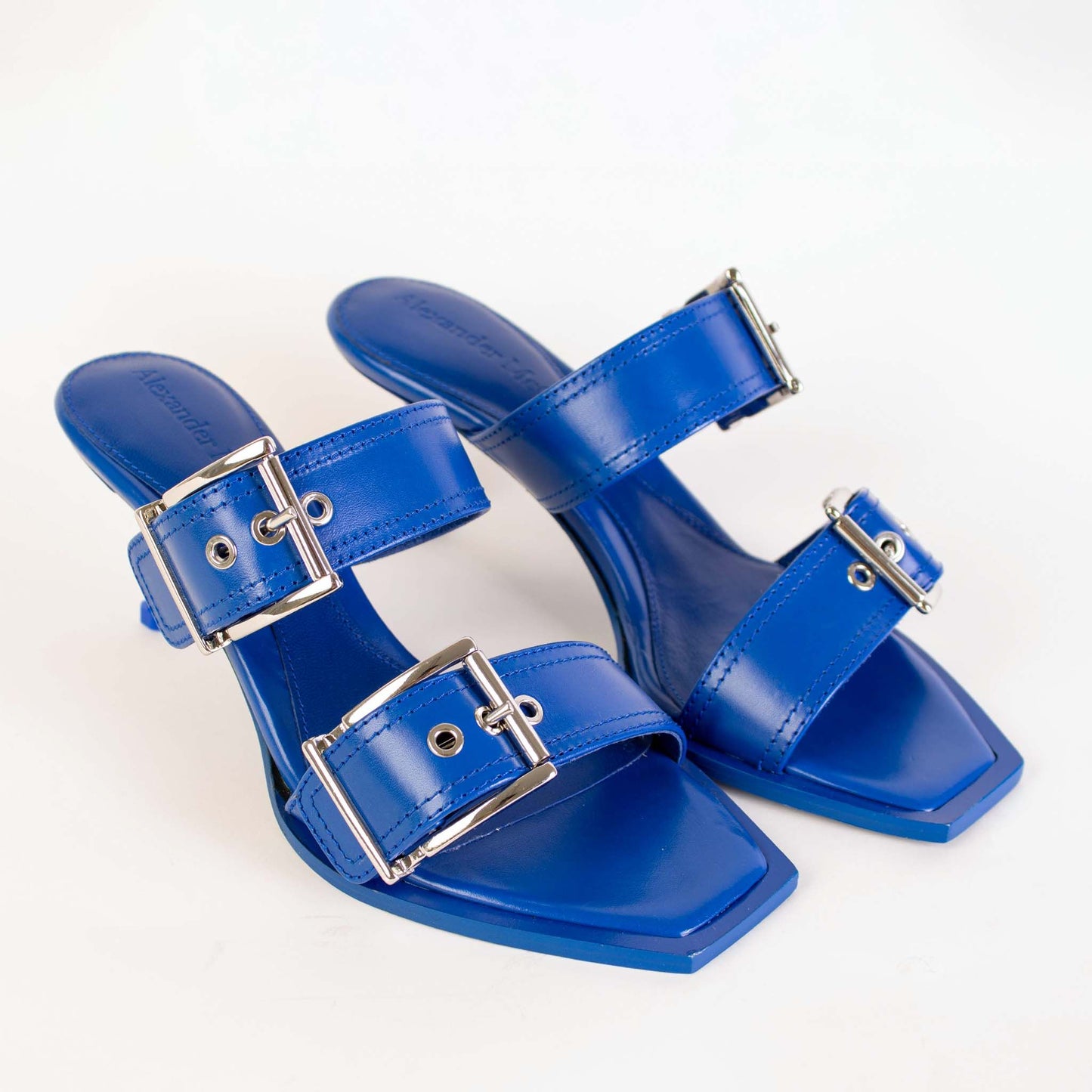 Blue Heeled Buckle Leather Sandals