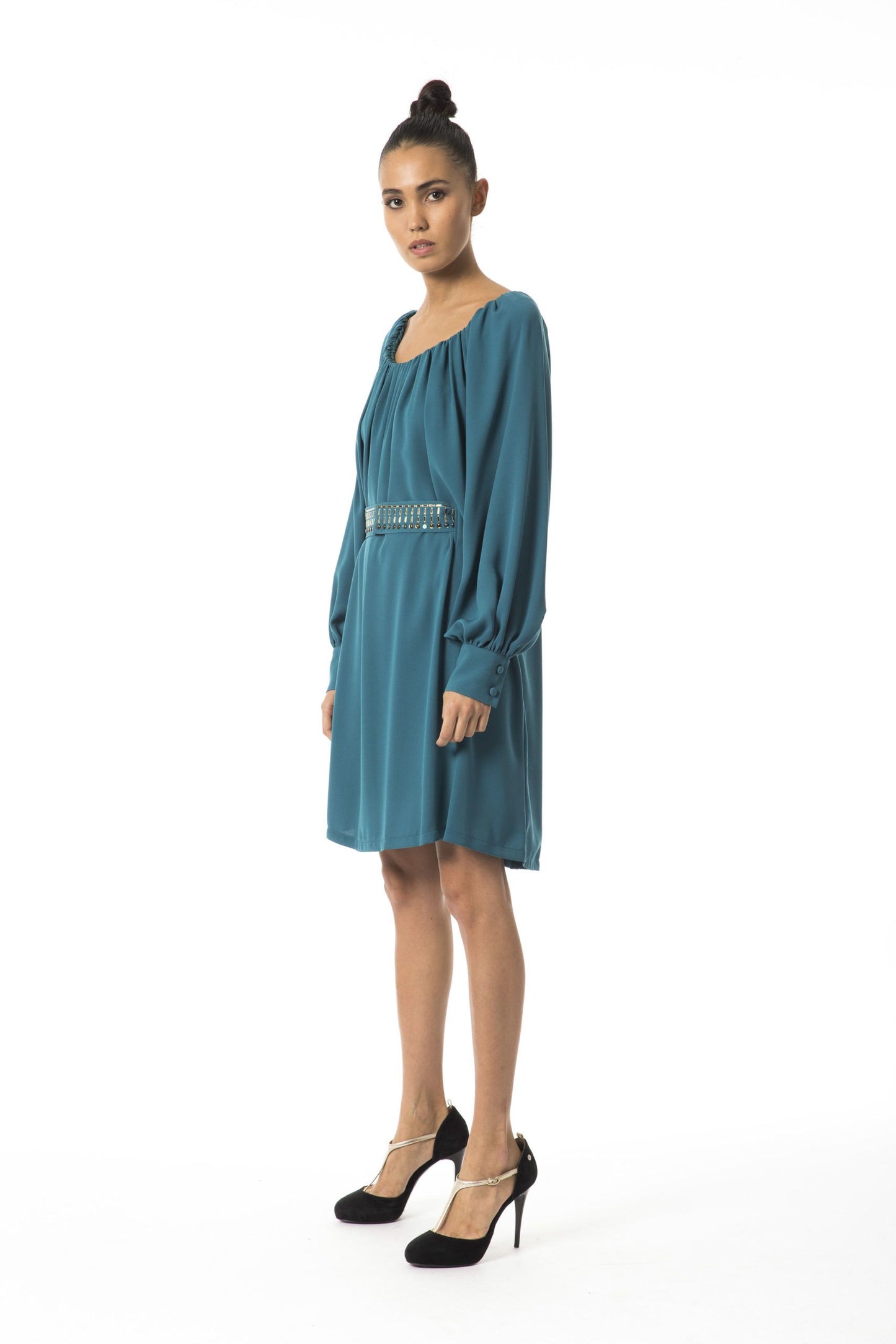 Elegant Teal Flared Belted Dress