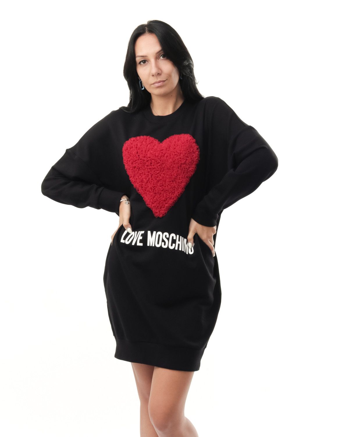 Heart Motif Crew-Neck Black Dress