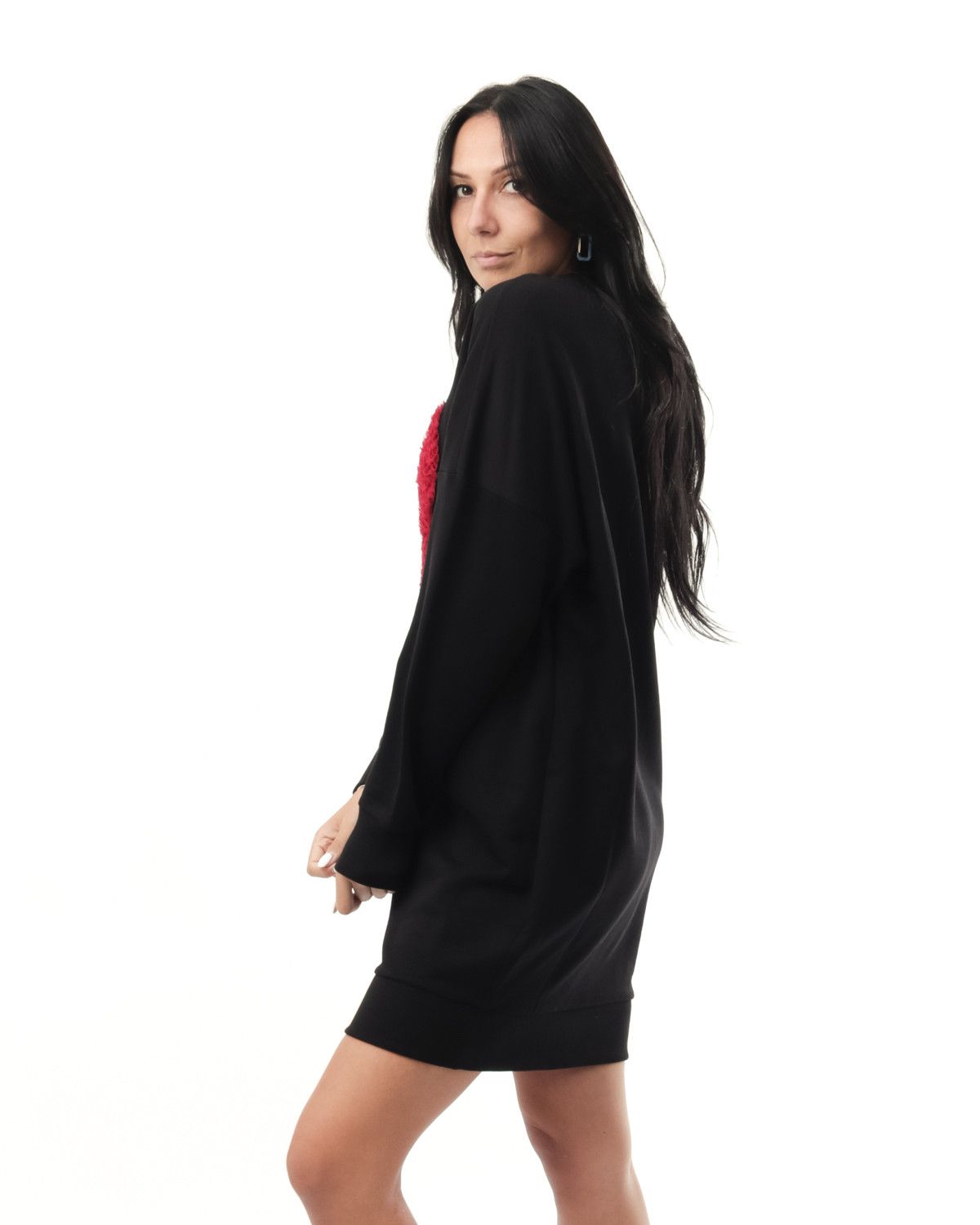 Heart Motif Crew-Neck Black Dress