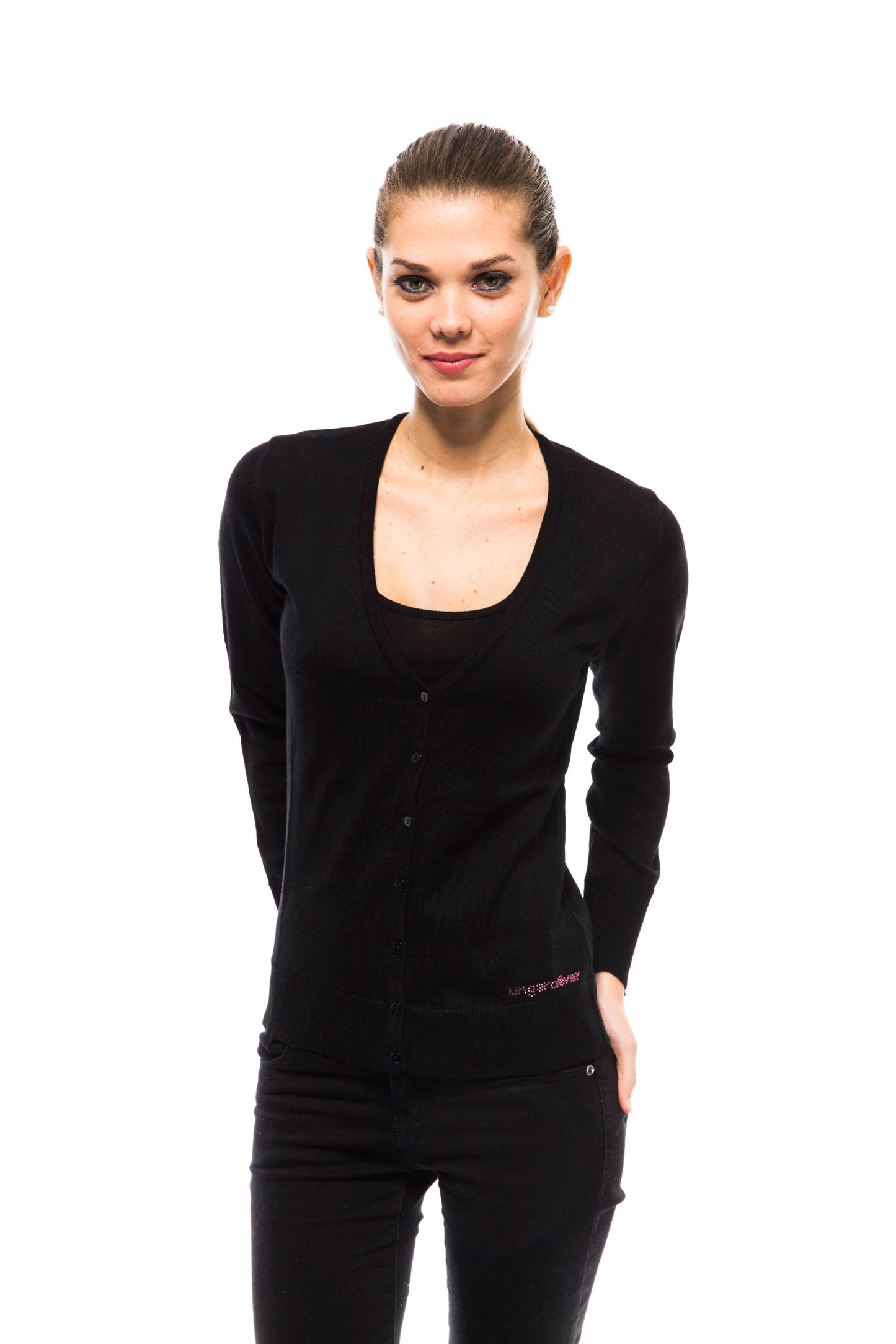 Chic Black Short Cardigan with Logo Detail